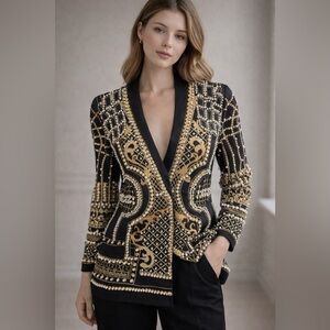 Regal Pearl & Gold Embellished Statement Blazer